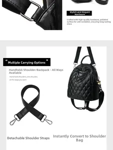 Detail of black quilted mini backpack with silver hardware and detachable straps