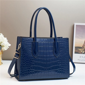 Elegant navy blue crocodile embossed tote bag with gold hardware and top handles