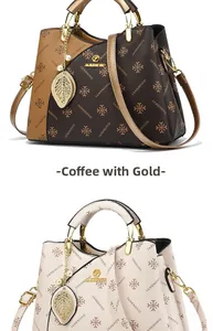 Detail of coffee and cream contrast handbags with gold hardware and embossed patterns