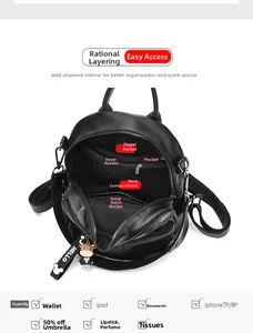Detailed interior of a black leather travel backpack showing multi-functional organizer pockets
