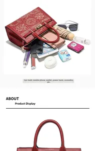 Large capacity red handbag interior showing storage for tablet, umbrella and makeup