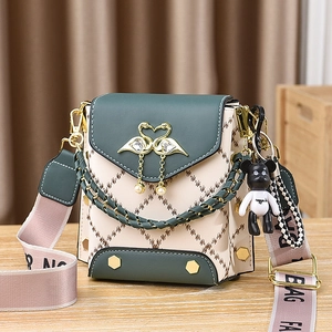 Women Small Crossbody Bag PU Leather Diamond Lattice Contrast Color Phone Bag Swan Buckle Wide Strap Bear Pendant