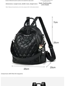Detailed view showing internal storage layout and dimensions of black quilted travel backpack