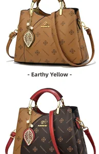 Detail of PU leather handbags featuring embossed patterns and metallic leaf charms