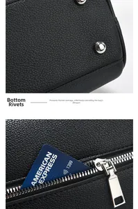 Macro shot of black litchi grain leather bag with protective bottom studs and back zipper