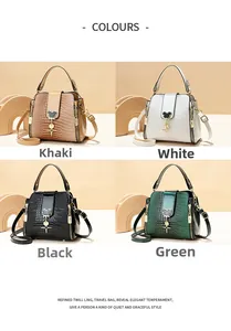 Crocodile texture bucket bags in khaki, white, black and green with bear charms