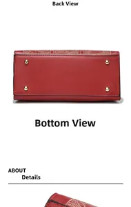 Close-up of red leather handbag base with four golden metal protective studs for wear resistance
