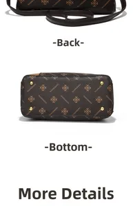 Detailed back and bottom view of dark brown tote bag with logo pattern and metal feet