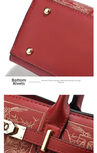Detailed view of red handbag showing golden bottom studs and dragon embroidery