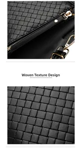 Close-up of black woven texture leather handbag with premium gold zipper hardware detail