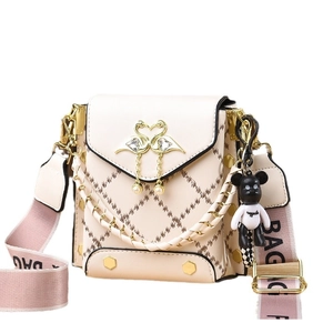 Creamy PU leather crossbody bag with swan buckle, rhombic pattern and wide strap