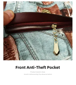 Detail of the front anti-theft zipper pocket on the denim texture fashion backpack