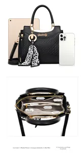 Internal structure of black plaid handbag showing compartments and iPad mini capacity
