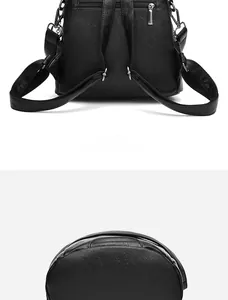 Detailed back zipper pocket and sturdy flat bottom of a black leather backpack