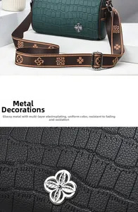 Detail showing crocodile pattern leather and silver floral logo with electroplated hardware