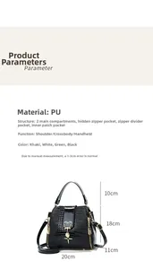 Detail view of black crocodile pattern PU leather bucket bag with dimensions 20x18x11cm