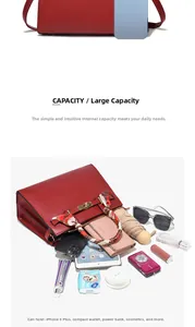 Detailed internal view showing large capacity for tablet and phone in red handbag