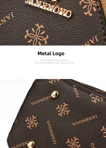 Macro detail of Janenovo handbag featuring gold-tone hardware and protective bottom studs