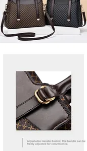 Close-up of adjustable metal buckle on vintage textured leather handbag straps