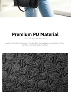 Detail shot of black PU leather tote with intricate floral embossing and durable texture