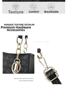 Close-up of black PU leather tote with floral texture and gold metal chain hardware