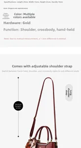 Detailed size chart for dark red PU leather handbag with gold hardware and dimensions