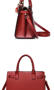 Macro view of burgundy PU leather handbag handle with a decorative geometric print silk scarf