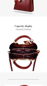 Internal structure of the red tote bag showing multiple compartments and multi-layer storage