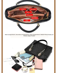 Internal layout of black PU leather tote bag showing multiple storage compartments