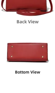Detail of red leather handbag showing back view and bottom with gold protective studs
