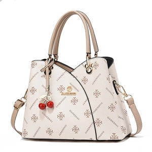 Retro Women Handbag Contrast Color Monogram PU Leather Tote Crossbody Bag With Cherry Charm Large Capacity Versatile Style