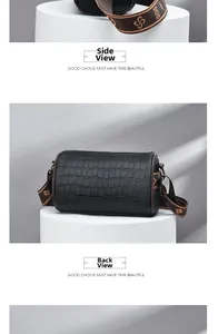Detailed side and back view of black crocodile pattern cylinder bag with wide jacquard strap