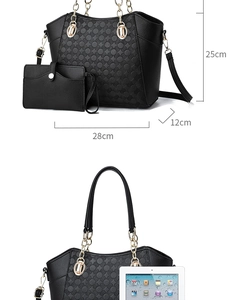 Detailed size comparison of black textured tote bag with chains and a matching small pouch