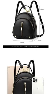 Size chart for black mini backpack with dimensions and capacity for iPad and phone