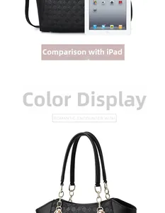 Close-up of black embossed PU leather tote bag showing size comparison with an iPad