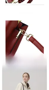 Close-up of golden hardware clasp and model display of a red leather crossbody bag