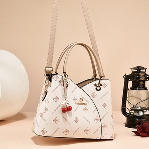 Large capacity vintage tote bag in cream white with cherry charm and floral print