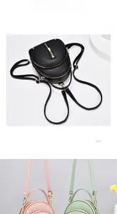 Three mini PU leather backpacks in black, pink, and mint green with multi-zipper layers