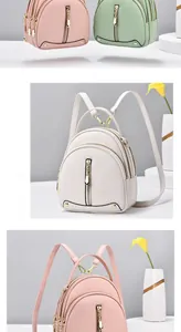Close-up of three-layer zipper compartments and litchi texture on stylish mini backpacks