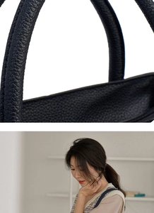 Détail de la texture en cuir bleu marine et mannequin portant le sac à main de profil