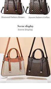Detailed views of brown quilted and checkered handbags with durable double handles