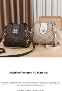 Detailed shot of cowhide crossbody bags with petal metal buckle and cross-grain texture