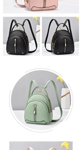 Detailed comparison of mini leather backpacks in soft pink, classic black, and fresh green