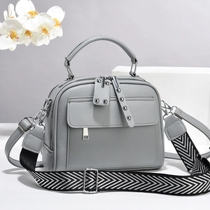 Women Chic PU Leather Handbag With Geometric Wide Strap Lychee Texture Crossbody Bag Double Zipper Rivet Decor
