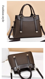 Detail view of brown leather handbag with gold geometric patterns and metal buckles