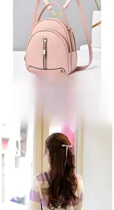 Detail of pink faux leather backpack with metallic zippers and model lifestyle view
