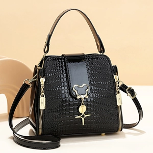Crocodile Embossed Bucket Bag Women Glossy PU Leather Handbag Crossbody With Golden Hardware Star Charm Elegant Fashion