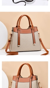 Detail of elegant two-tone handbag with brown leather texture and geometric fabric patterns