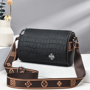 Women Barrel Crossbody Bag Crocodile Embossed PU Leather Wide Jacquard Strap Cylinder Pillow Purse Fashion Retro Style
