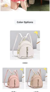 Detail view of mini backpacks in off-white, pink, and apricot with gold hardware